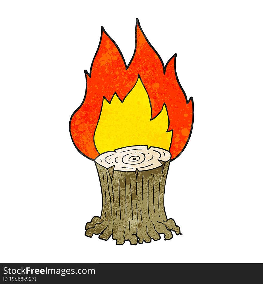 freehand textured cartoon big tree stump on fire