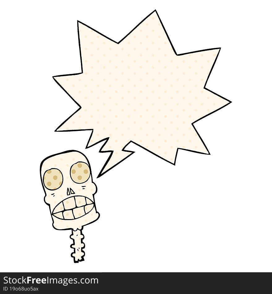 cartoon spooky skull and speech bubble in comic book style