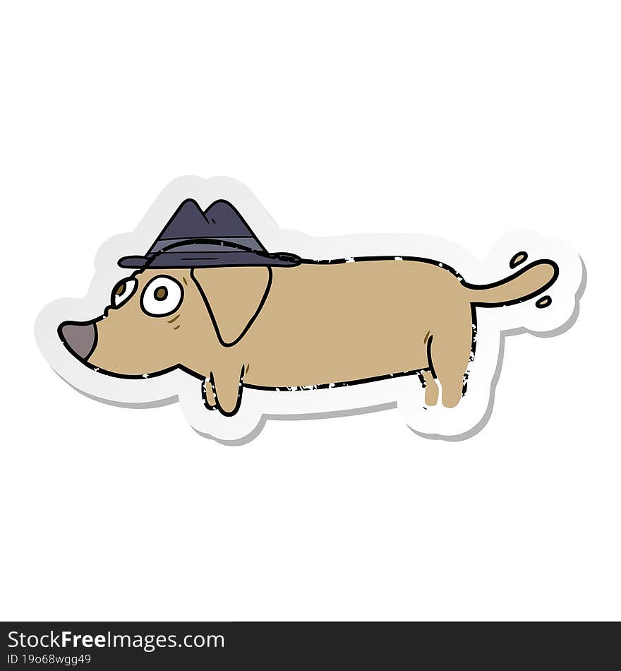 distressed sticker of a cartoon dog wearing hat