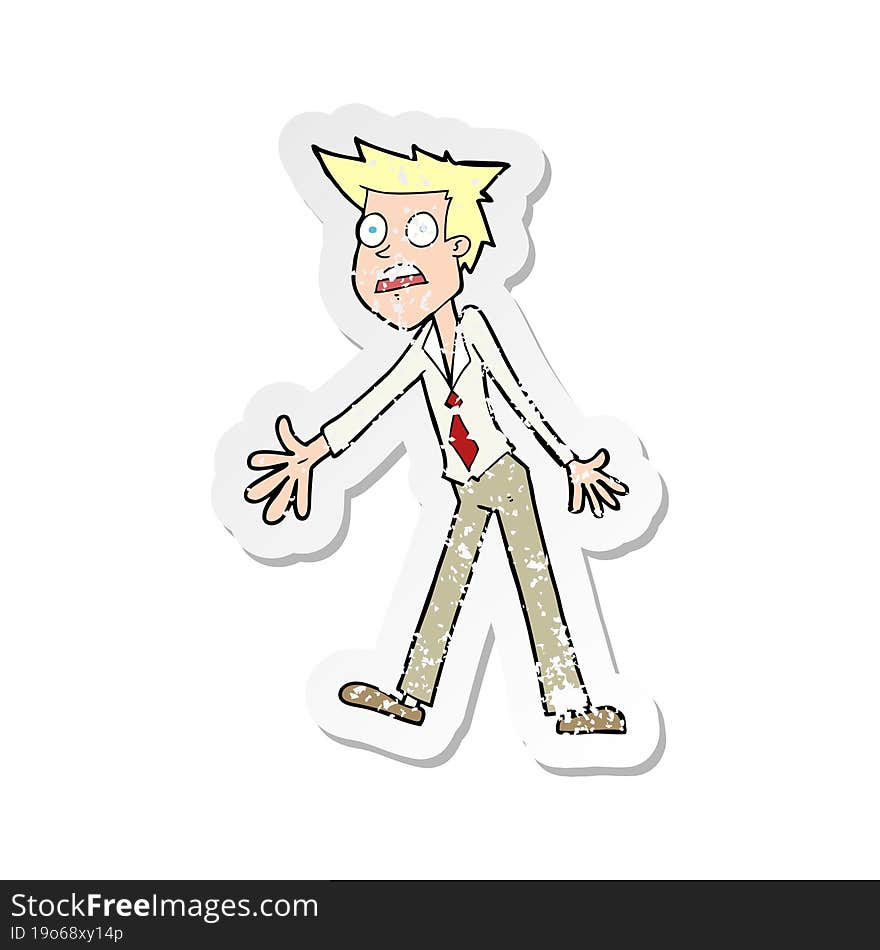 retro distressed sticker of a cartoon stressed man