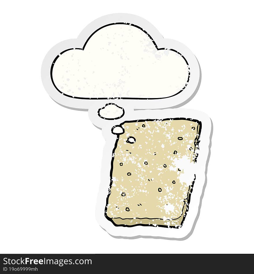 cartoon biscuit and thought bubble as a distressed worn sticker