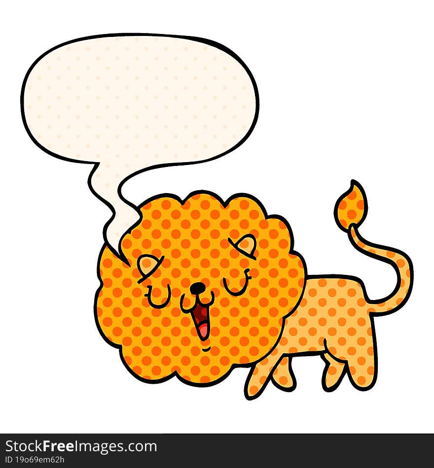 cute cartoon lion and speech bubble in comic book style