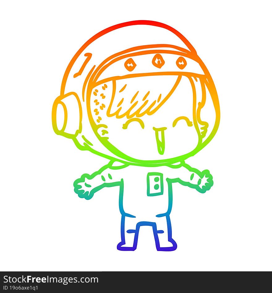 Rainbow Gradient Line Drawing Cartoon Laughing Astronaut Girl