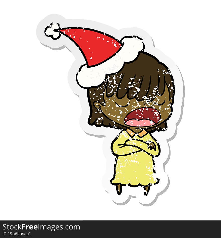 distressed sticker cartoon of a woman talking loudly wearing santa hat