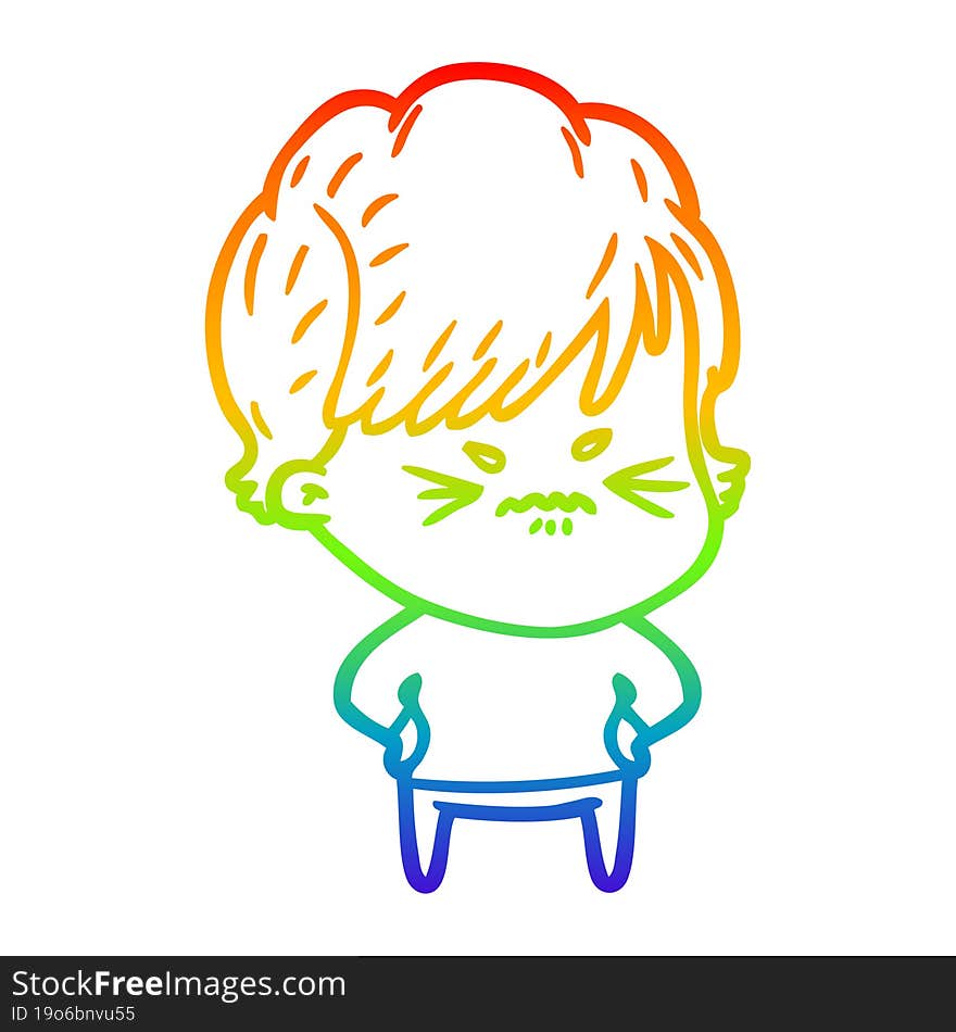 rainbow gradient line drawing cartoon frustrated woman