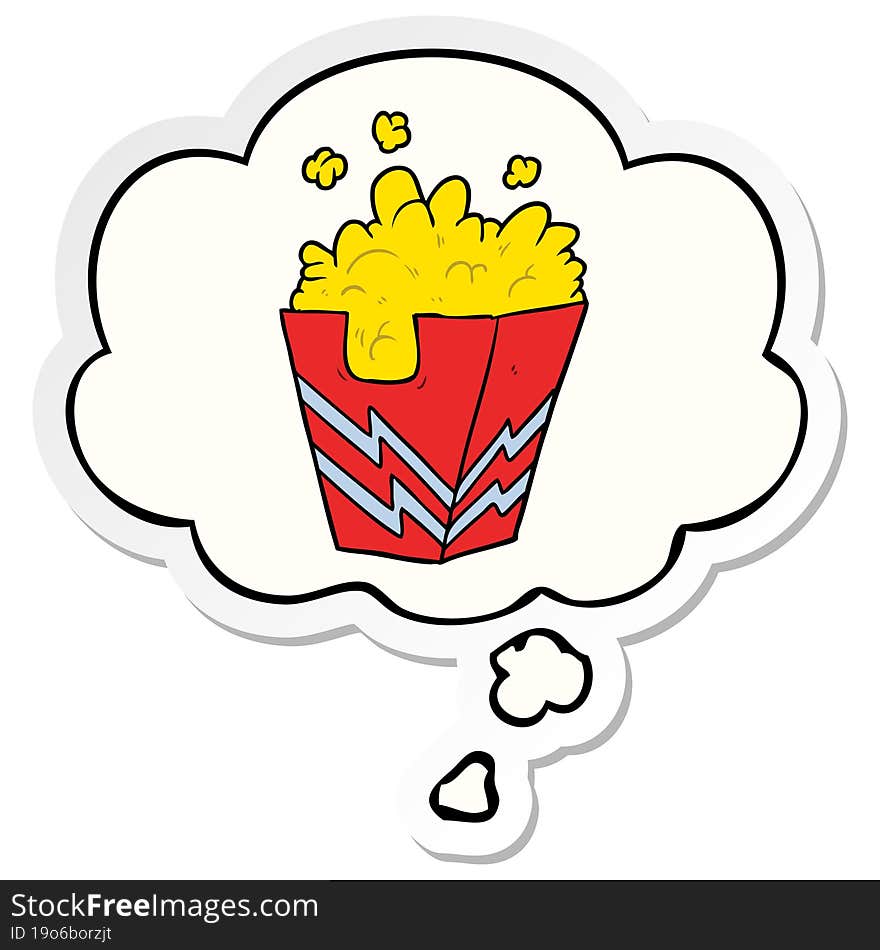 cartoon box of popcorn and thought bubble as a printed sticker