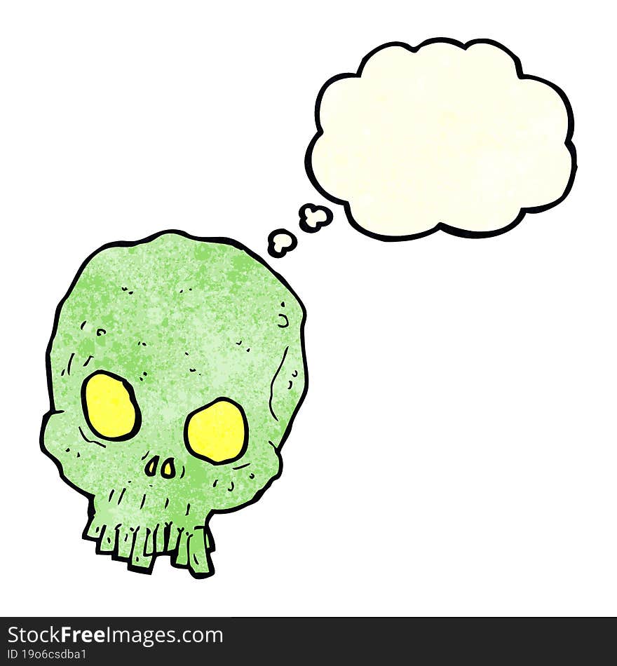 cartoon spooky skull with thought bubble