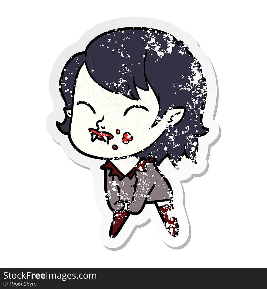 Distressed Sticker Of A Cartoon Vampire Girl With Blood On Cheek