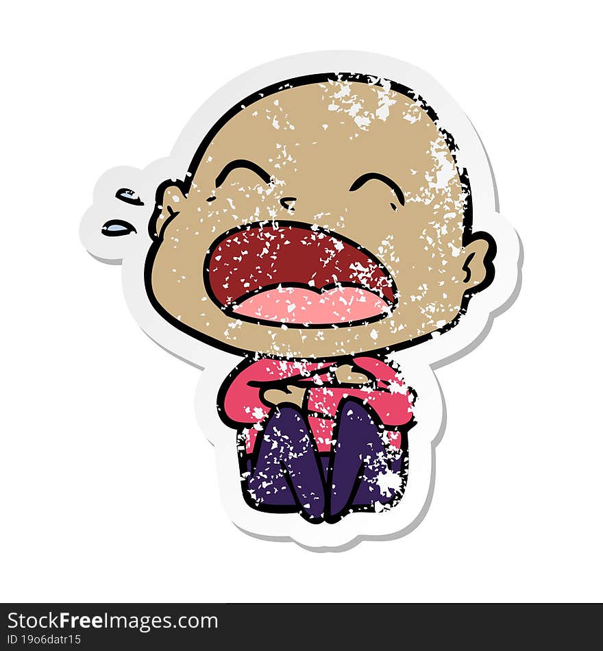 distressed sticker of a cartoon shouting bald man