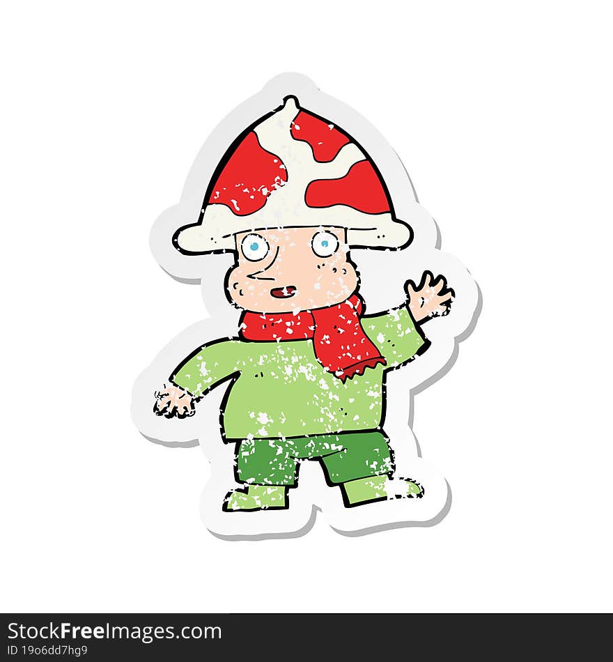 Retro Distressed Sticker Of A Cartoon Mushroom Man