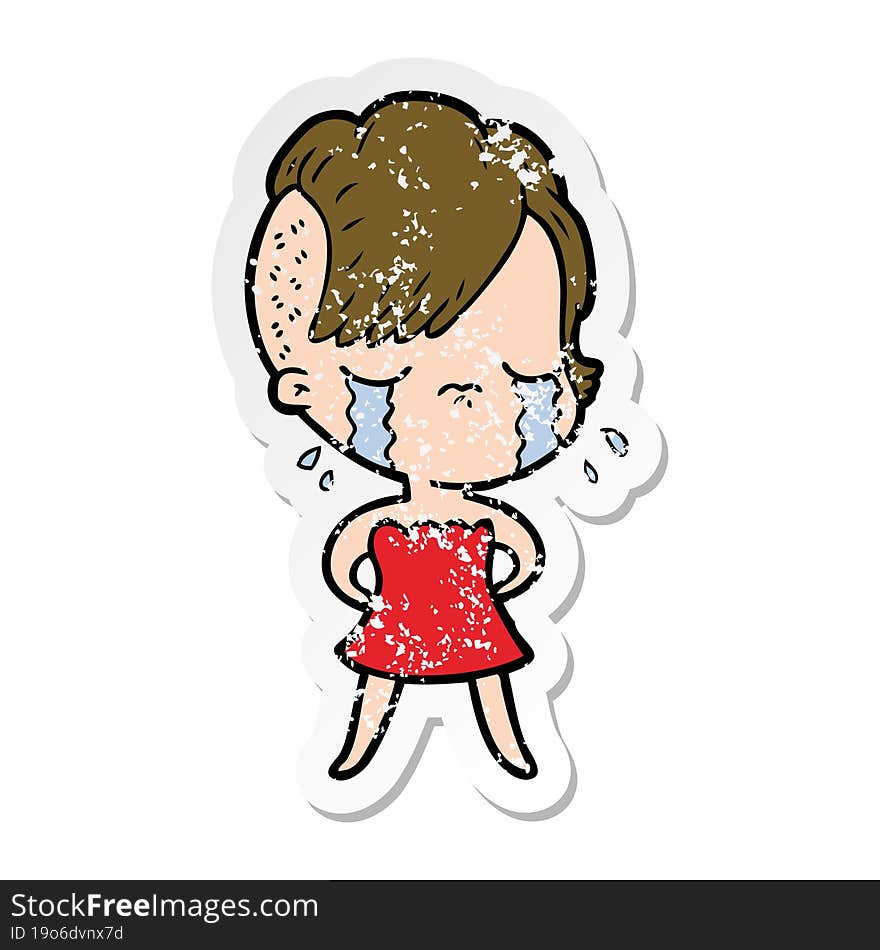 distressed sticker of a cartoon crying girl