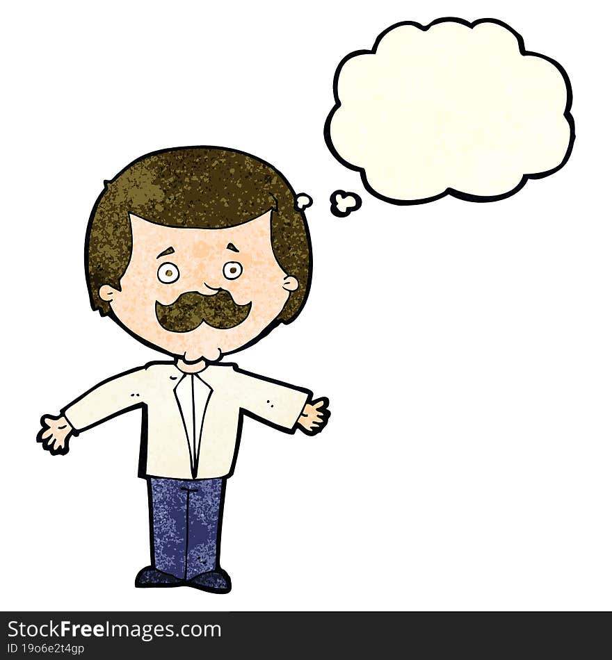 Cartoon Mustache Man With Open Arms With Thought Bubble