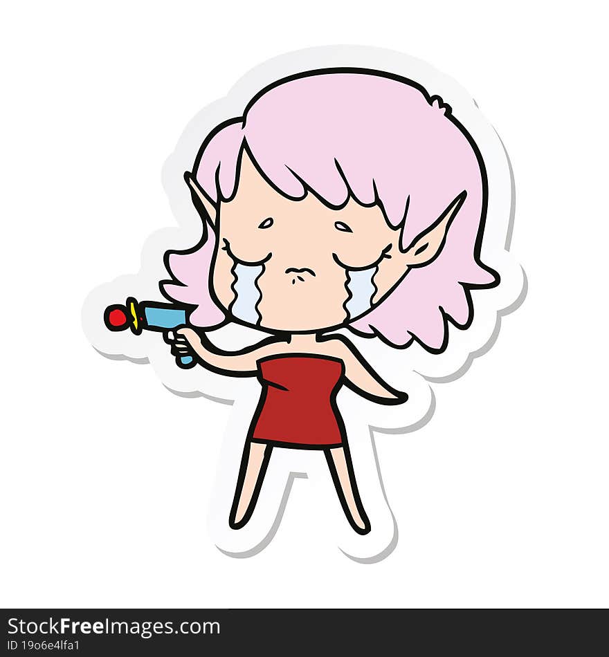 sticker of a cartoon crying elf girl