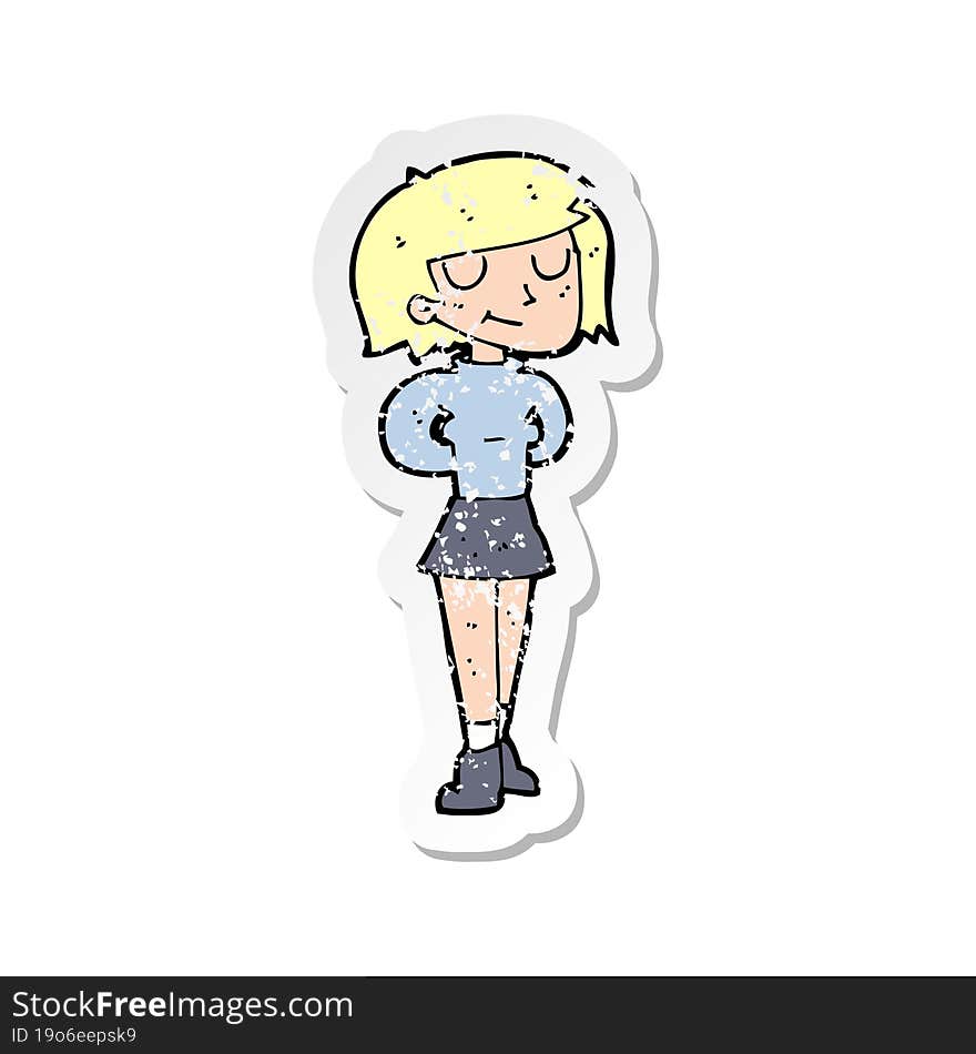 retro distressed sticker of a cartoon pleased woman