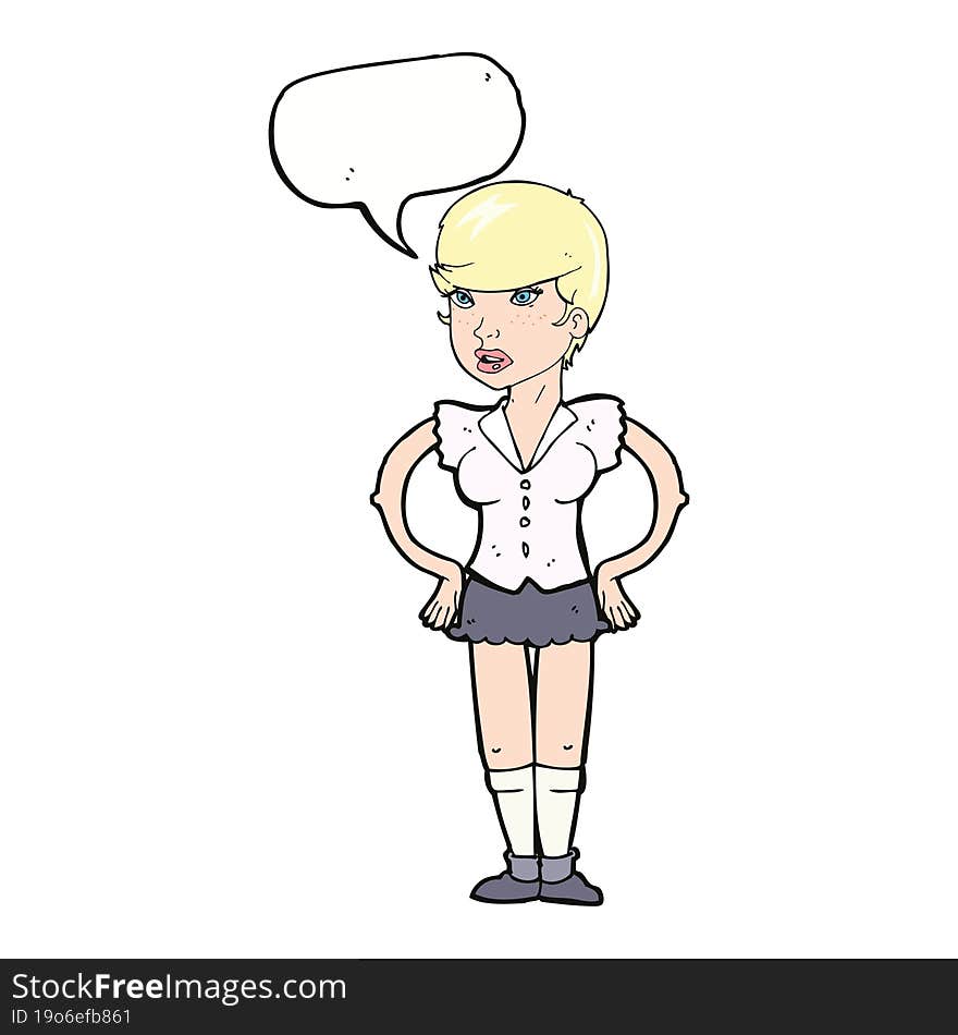 cartoon woman with hands on hips with speech bubble