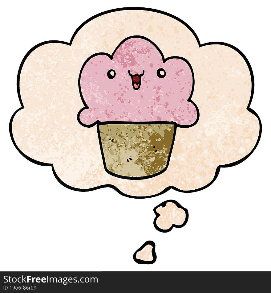 cartoon cupcake with face and thought bubble in grunge texture pattern style