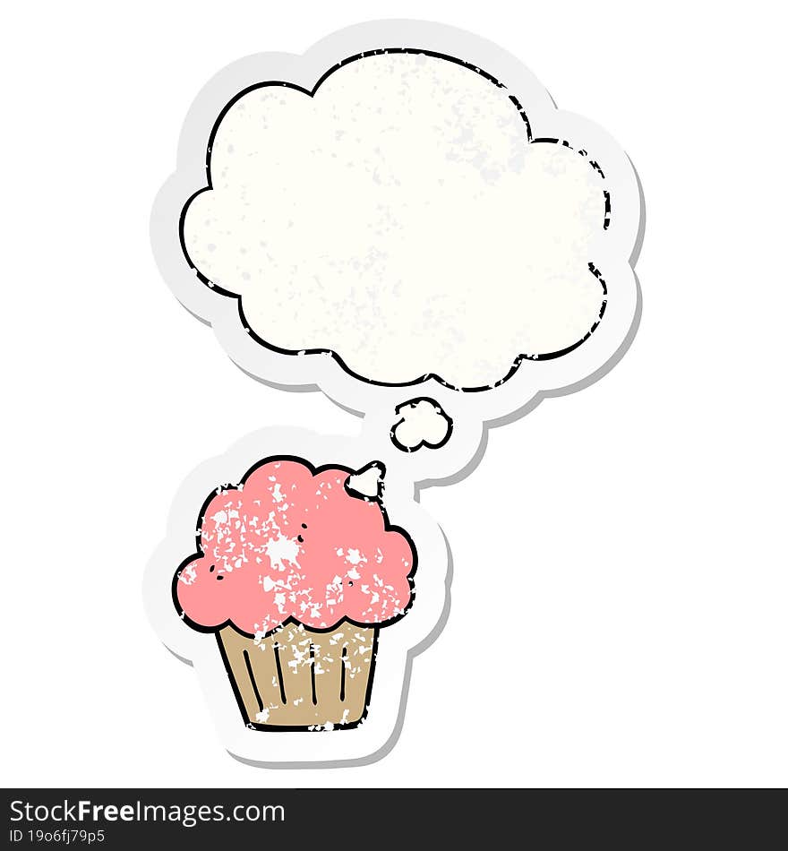 cartoon  muffin with thought bubble as a distressed worn sticker