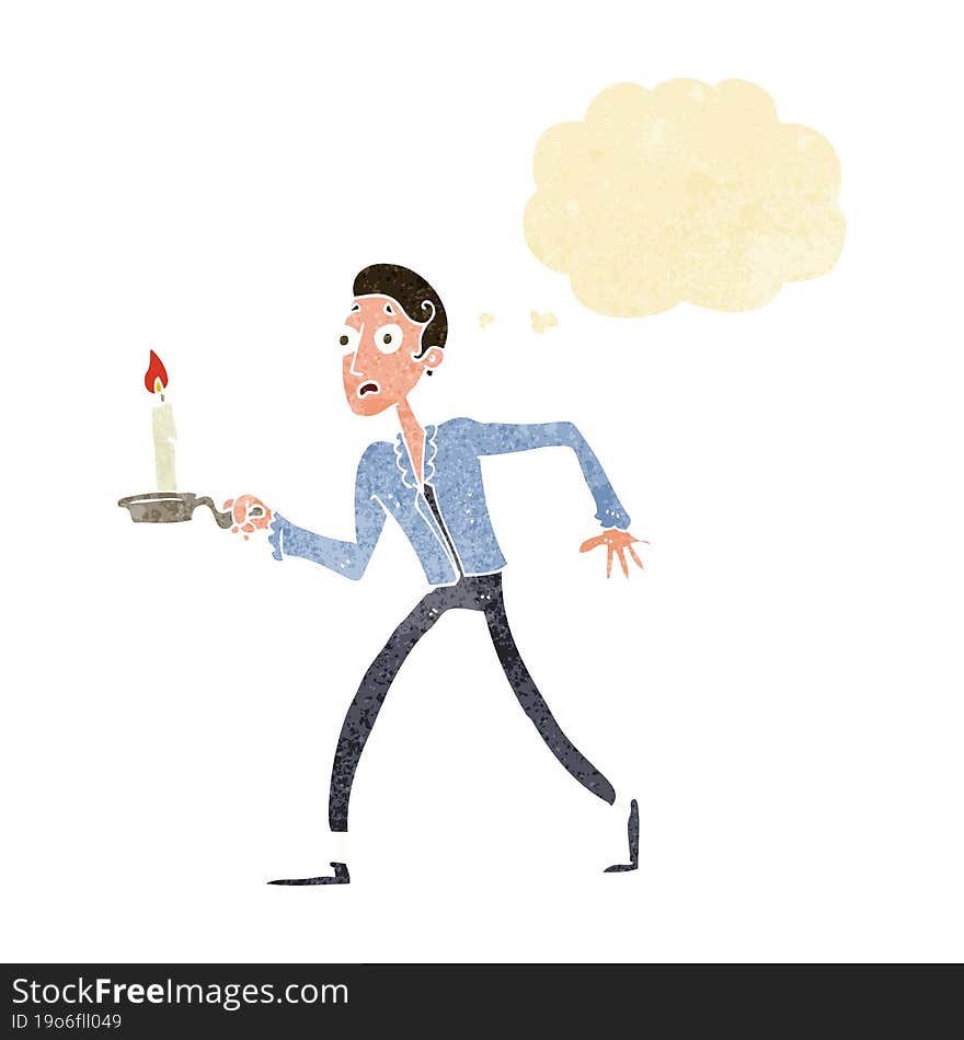 cartoon frightened man walking with candlestick with thought bubble