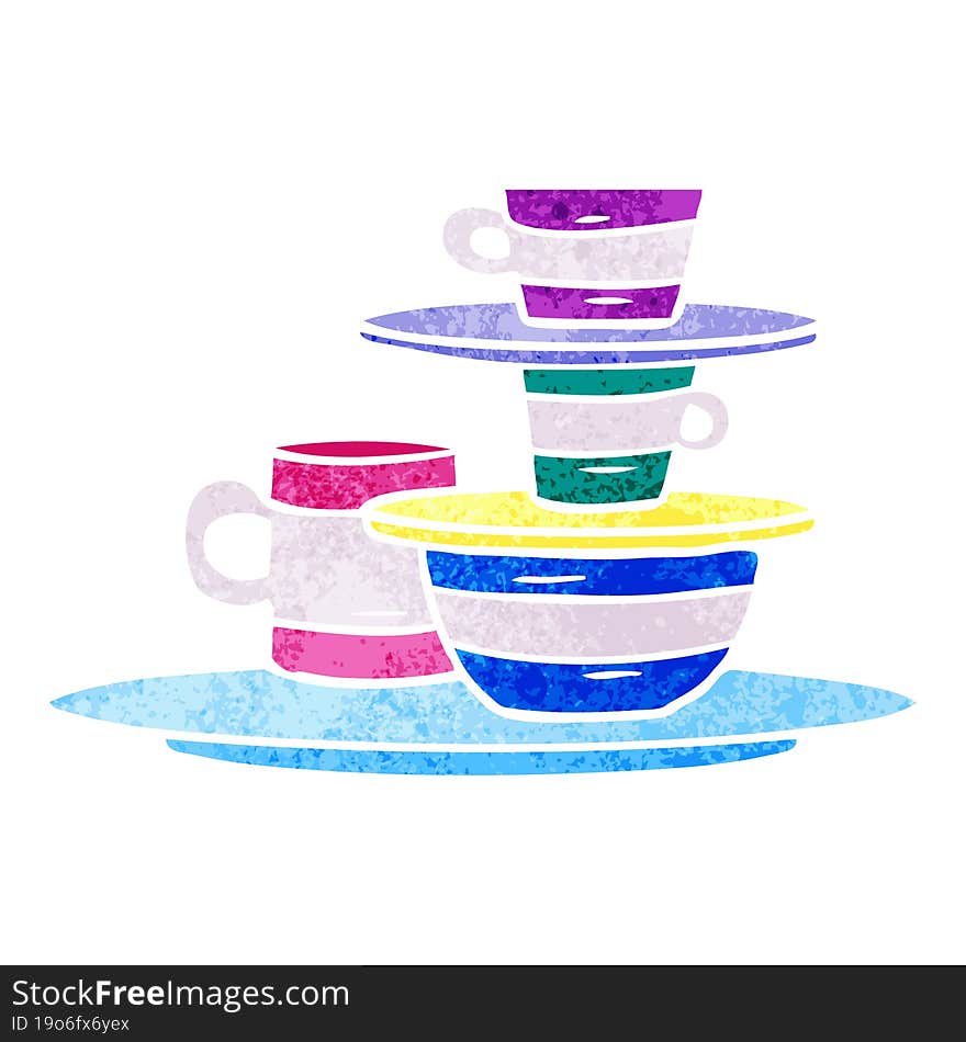 hand drawn retro cartoon doodle of colourful bowls and plates