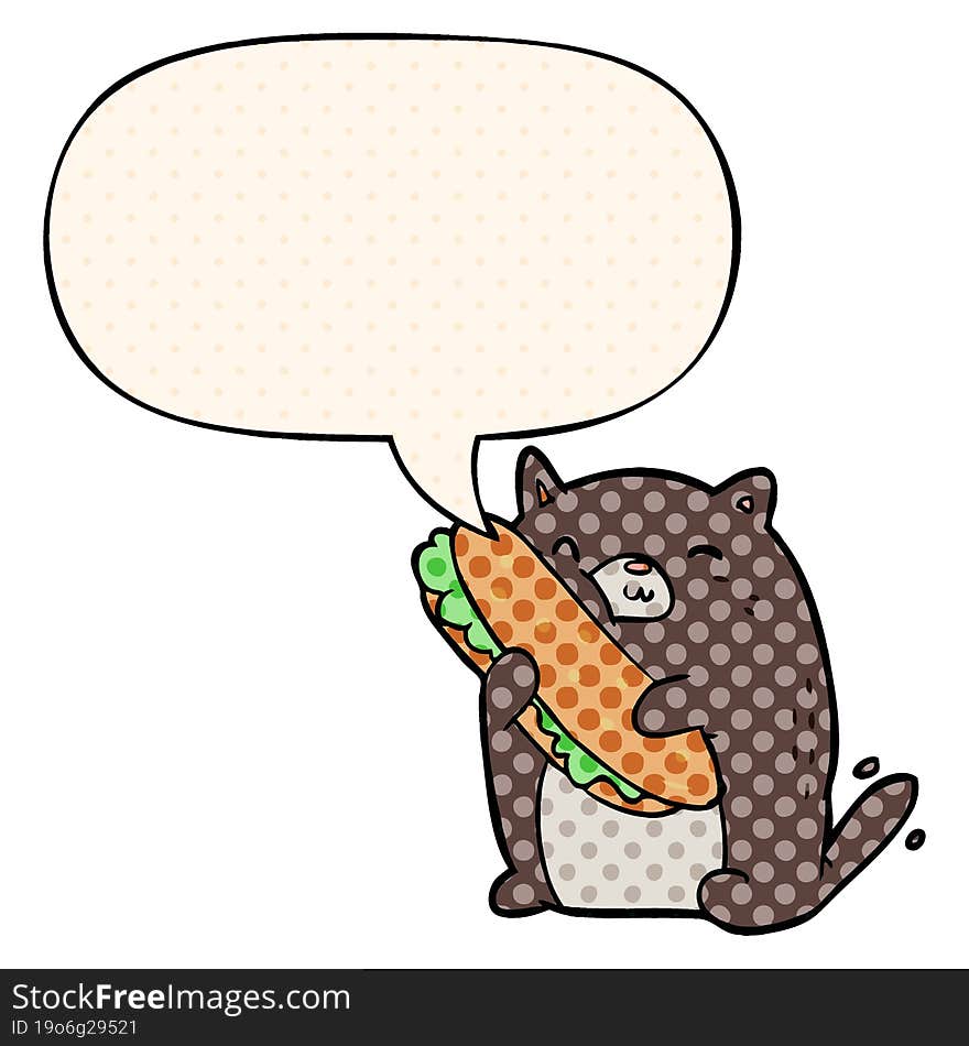 cartoon cat loving the amazing sandwich he\'s just made for lunch with speech bubble in comic book style