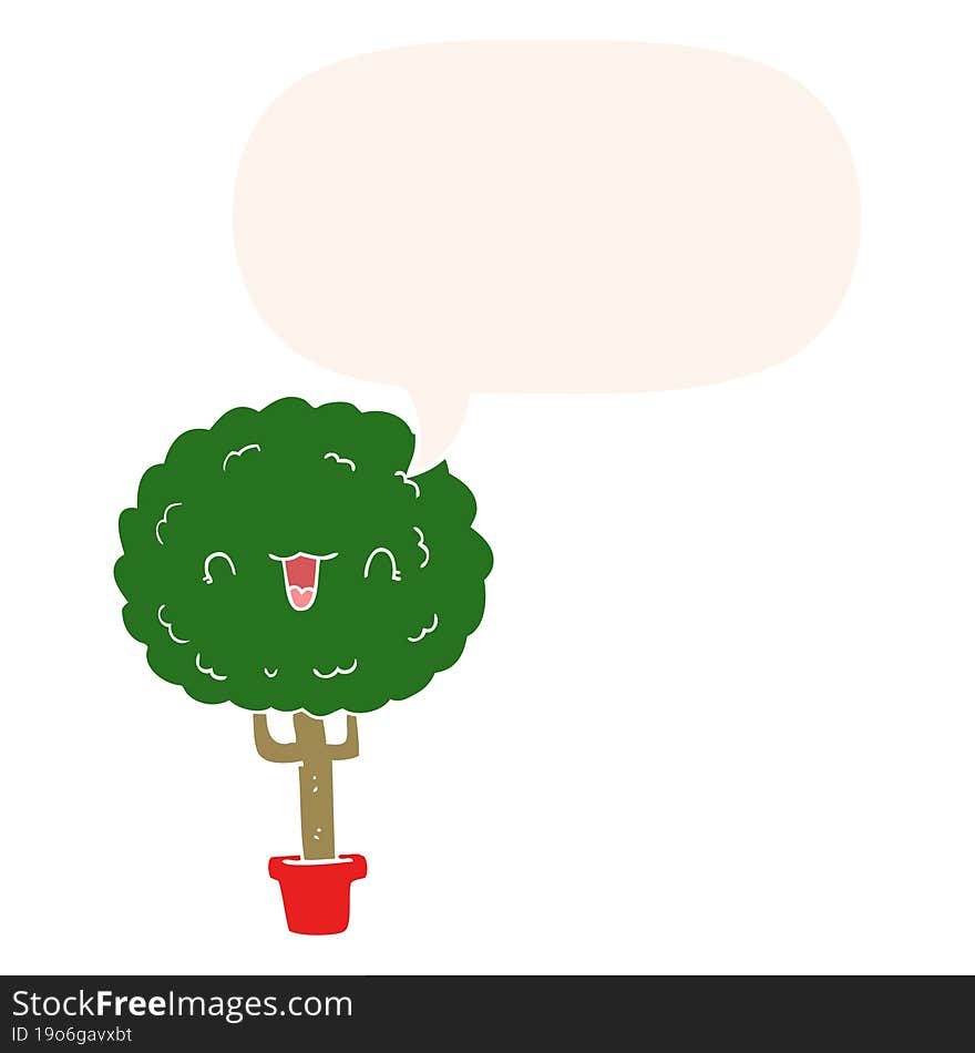 Cartoon Happy Tree And Speech Bubble In Retro Style