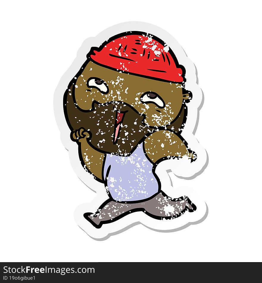 Distressed Sticker Of A Cartoon Happy Bearded Man