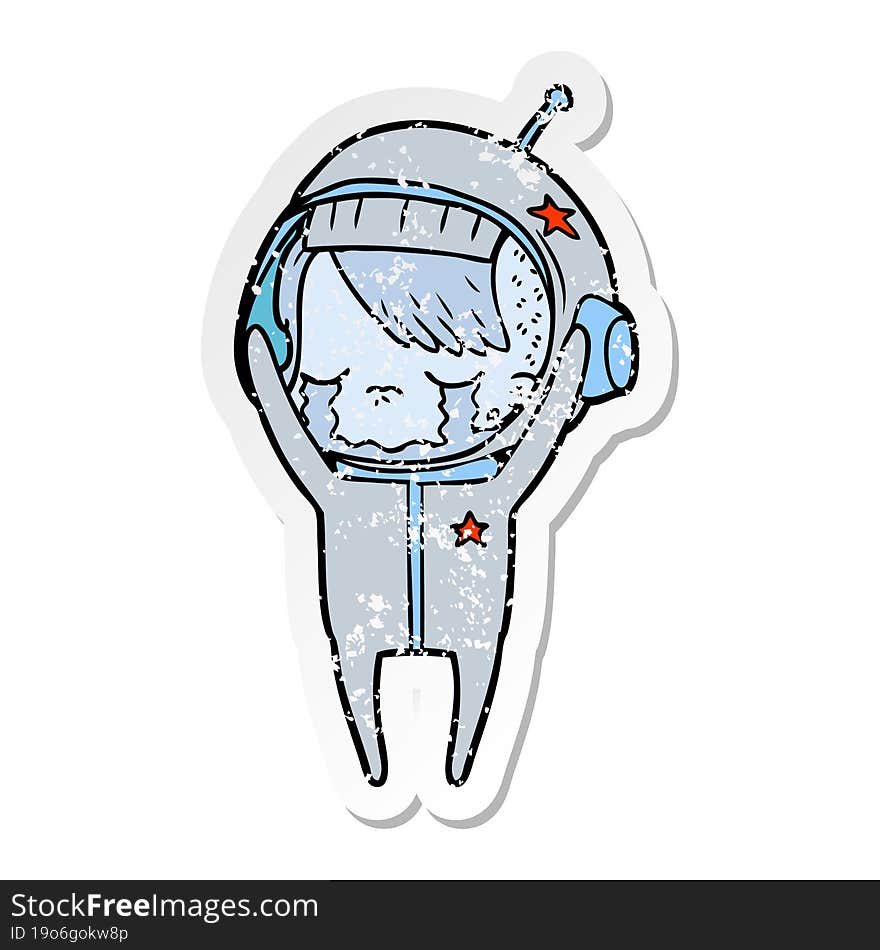 distressed sticker of a cartoon crying astronaut girl