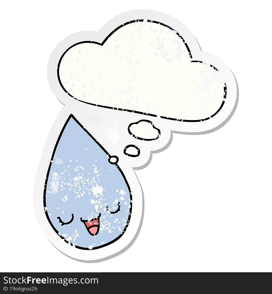 cartoon raindrop with thought bubble as a distressed worn sticker