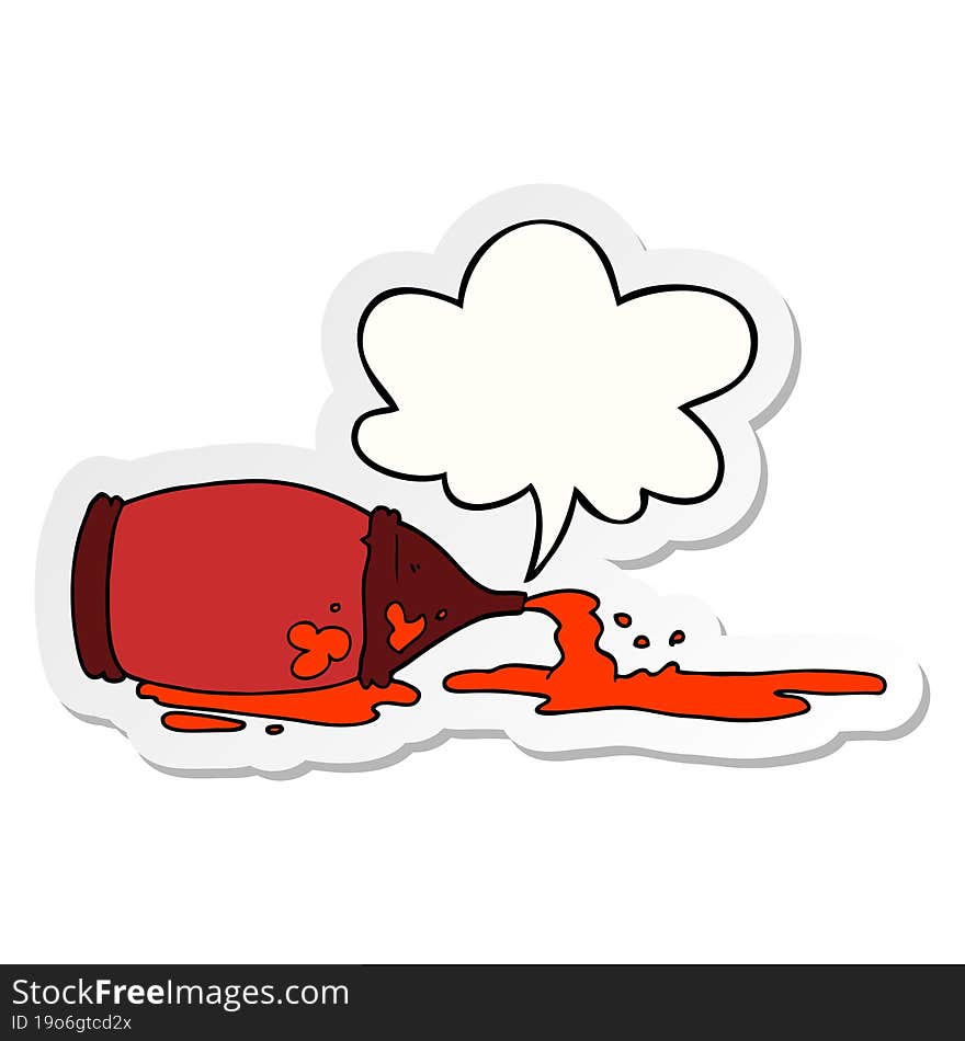 cartoon spilled ketchup bottle with speech bubble sticker