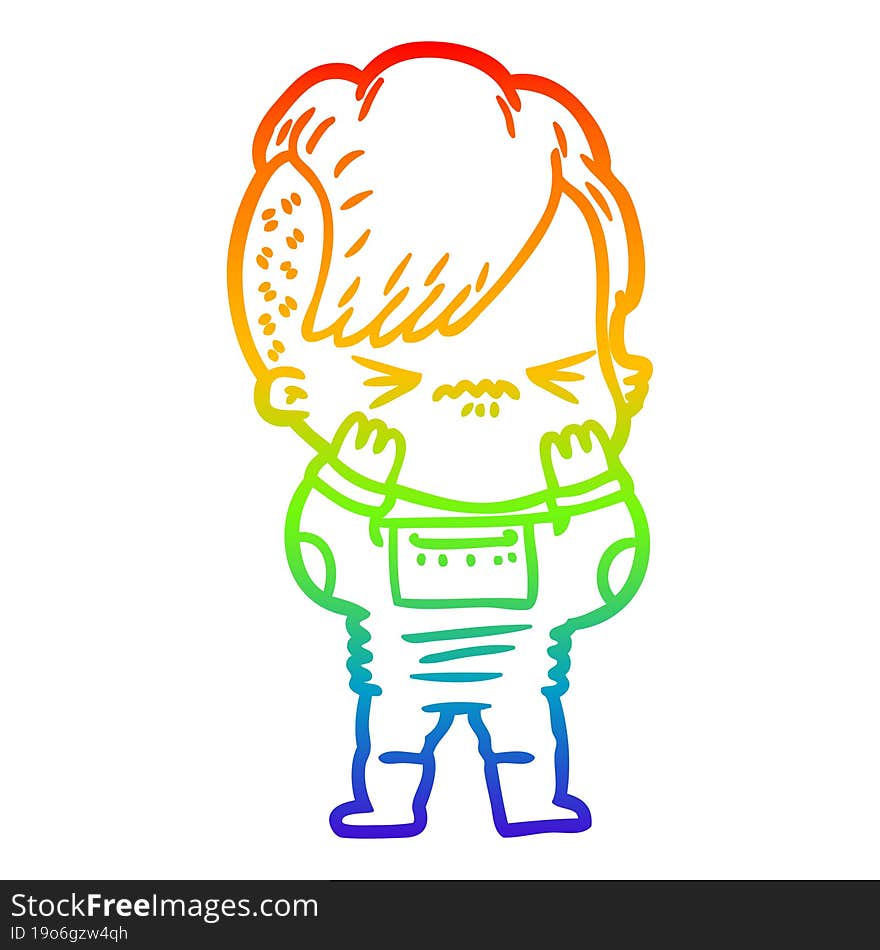 rainbow gradient line drawing cartoon annoyed hipster girl wearing space suit