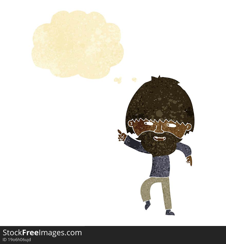 cartoon bearded man pointing and laughing with thought bubble