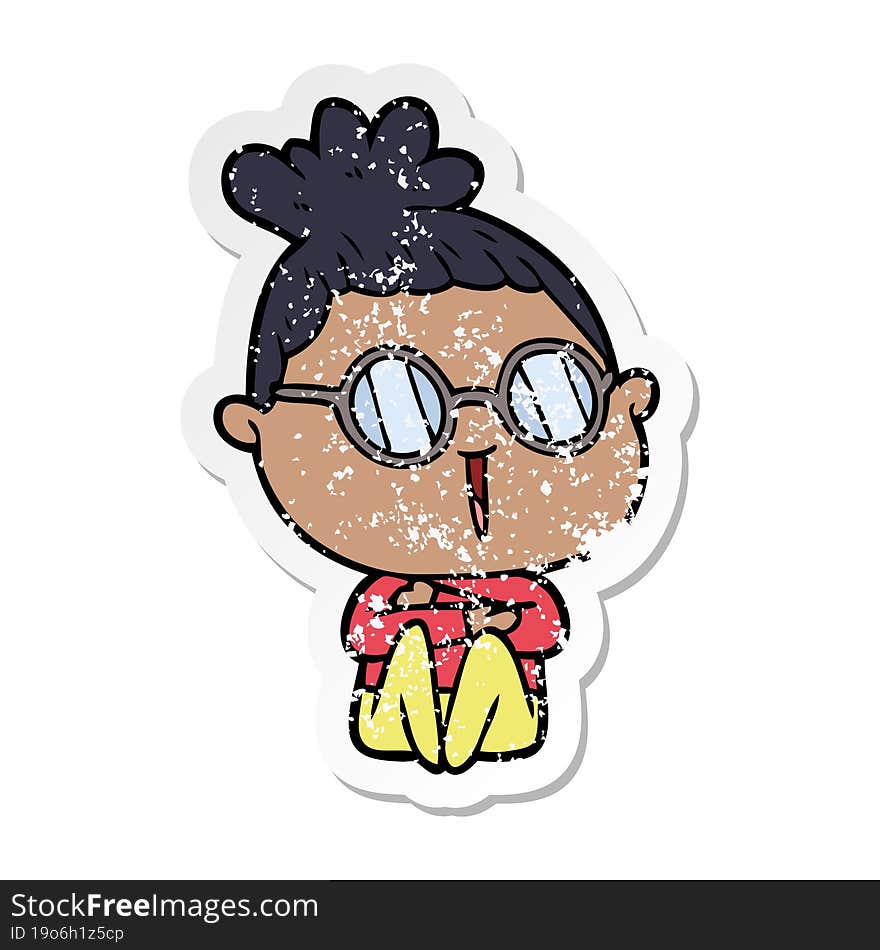 distressed sticker of a cartoon woman wearing spectacles