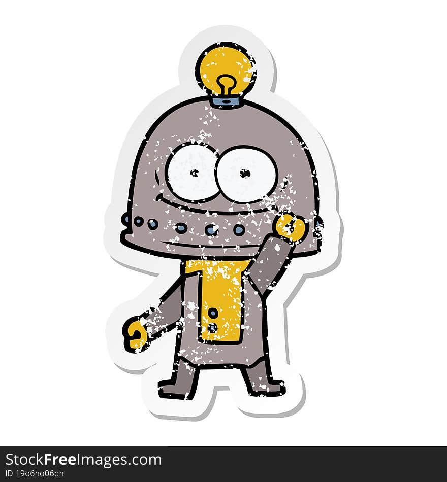 distressed sticker of a happy carton robot with light bulb