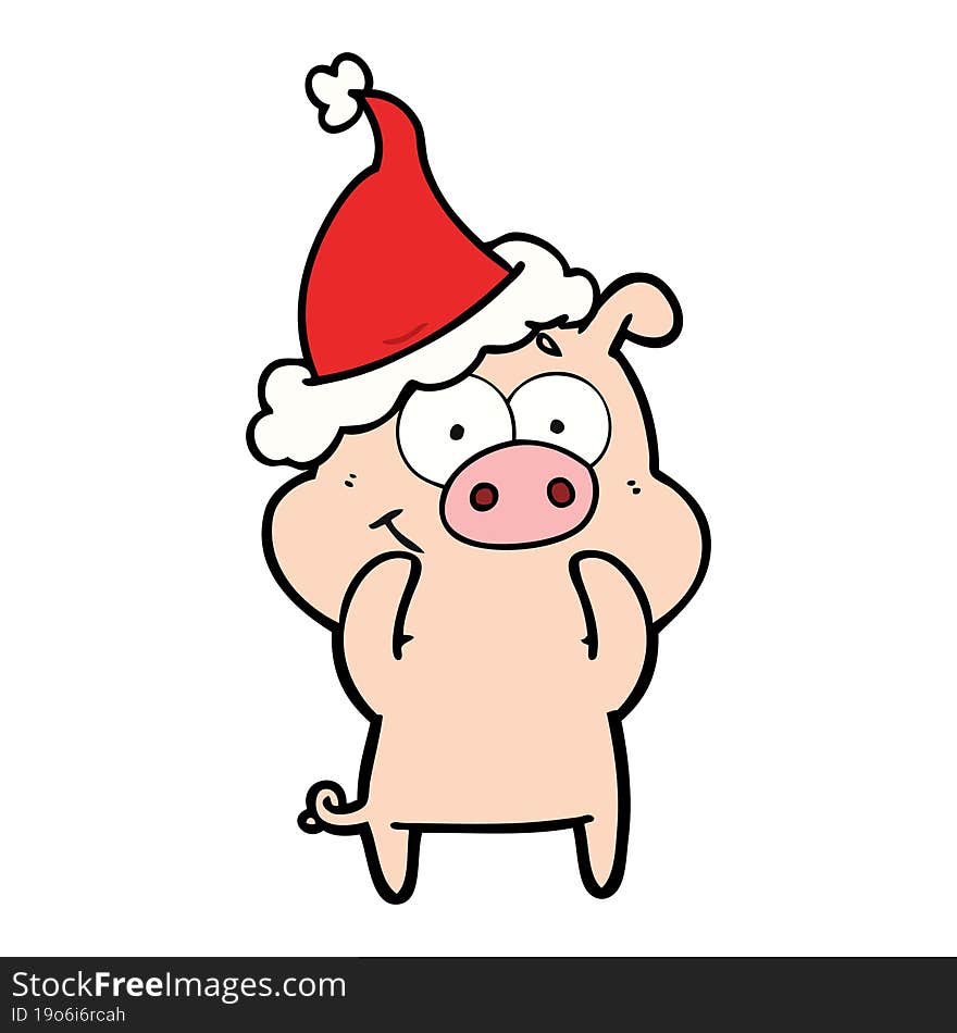 happy line drawing of a pig wearing santa hat