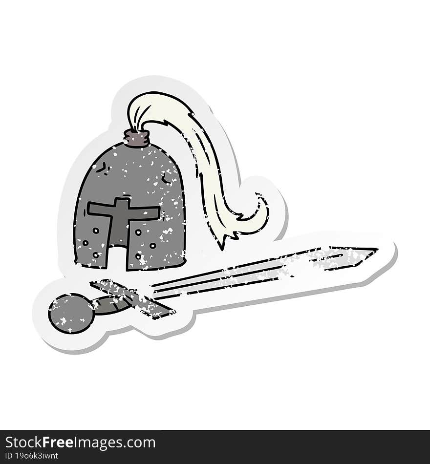 Distressed Sticker Cartoon Doodle Of A Medieval Helmet And Sword