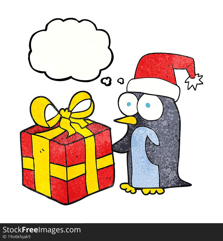 Thought Bubble Textured Cartoon Christmas Penguin With Present