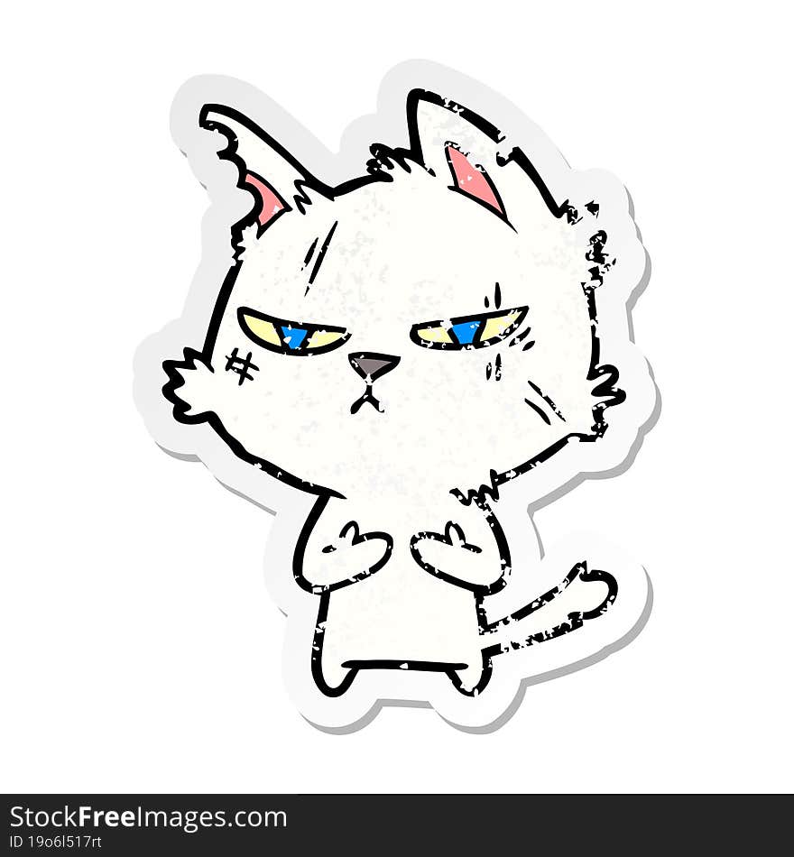 distressed sticker of a tough cartoon cat