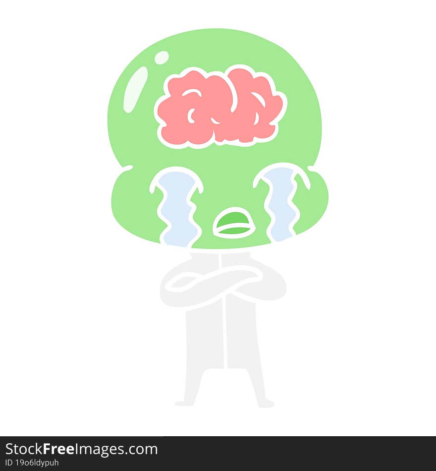 flat color style cartoon big brain alien crying