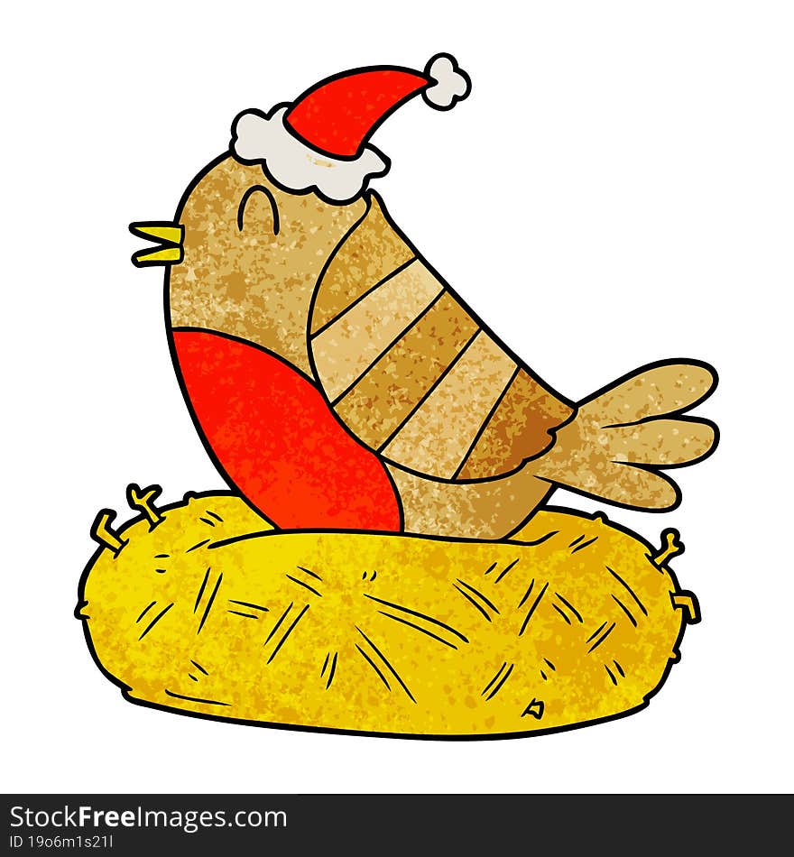 hand drawn textured cartoon of a bird sitting on nest wearing santa hat