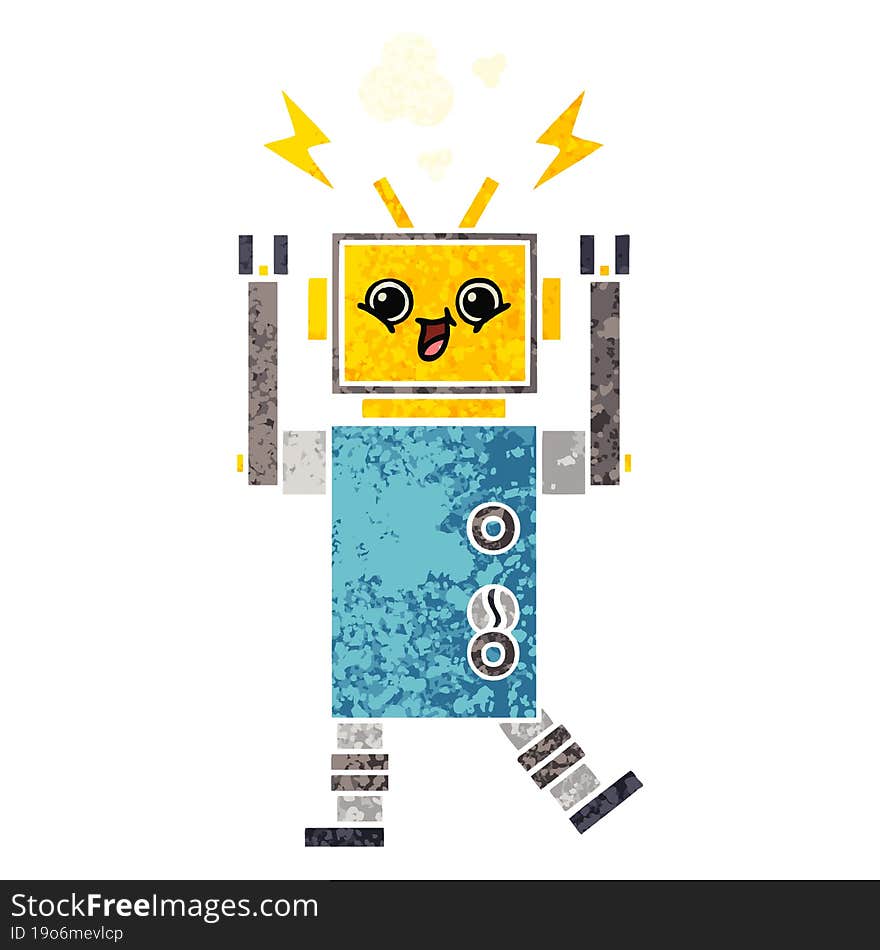 retro illustration style cartoon happy robot