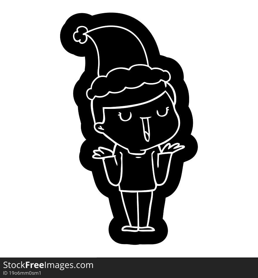 cartoon icon of a happy boy with no worries wearing santa hat