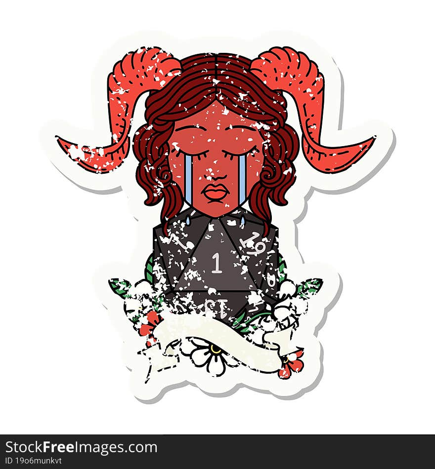 grunge sticker of a crying tiefling with natural one D20 roll. grunge sticker of a crying tiefling with natural one D20 roll