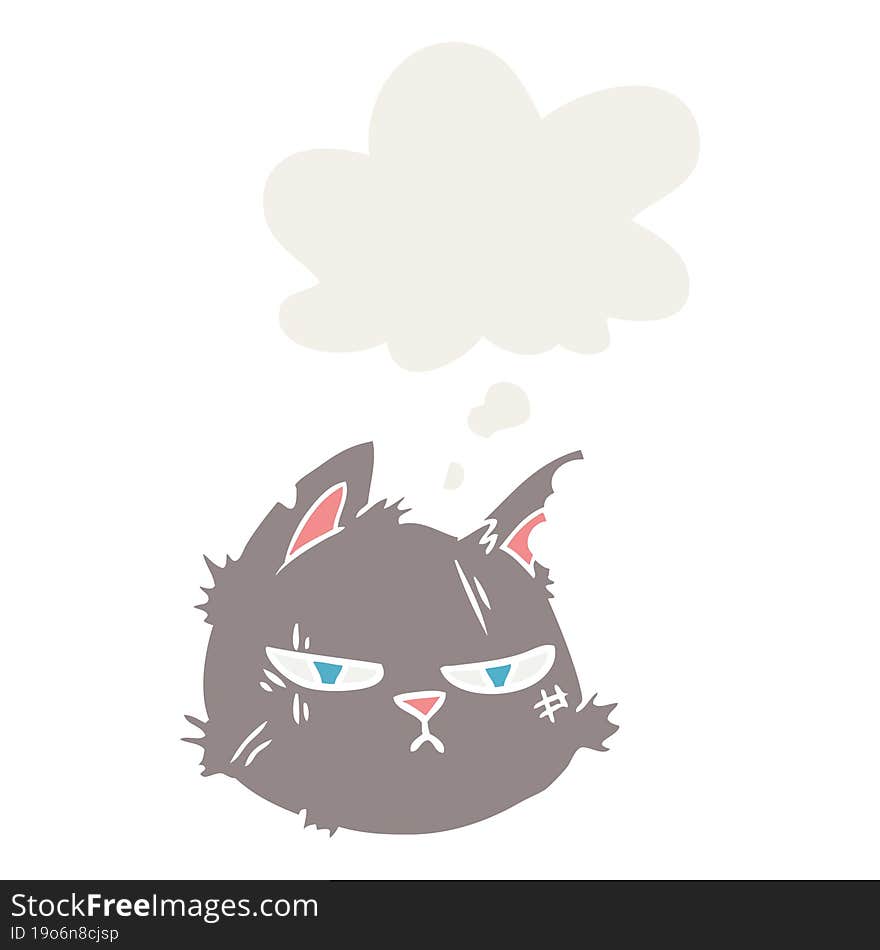 cartoon tough cat face with thought bubble in retro style