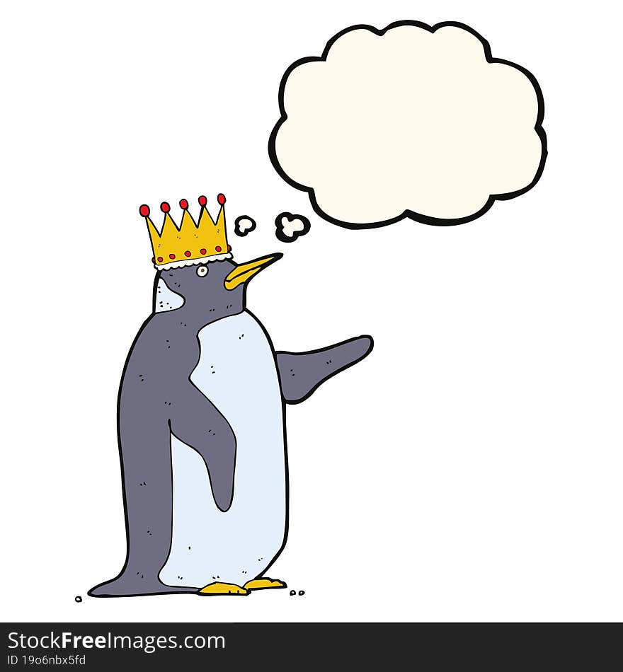 cartoon penguin wearing crown with thought bubble