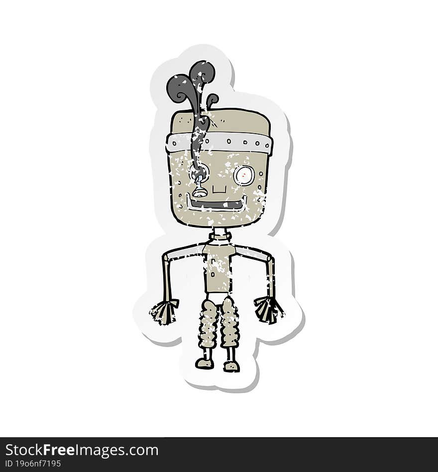 retro distressed sticker of a cartoon malfunctioning robot