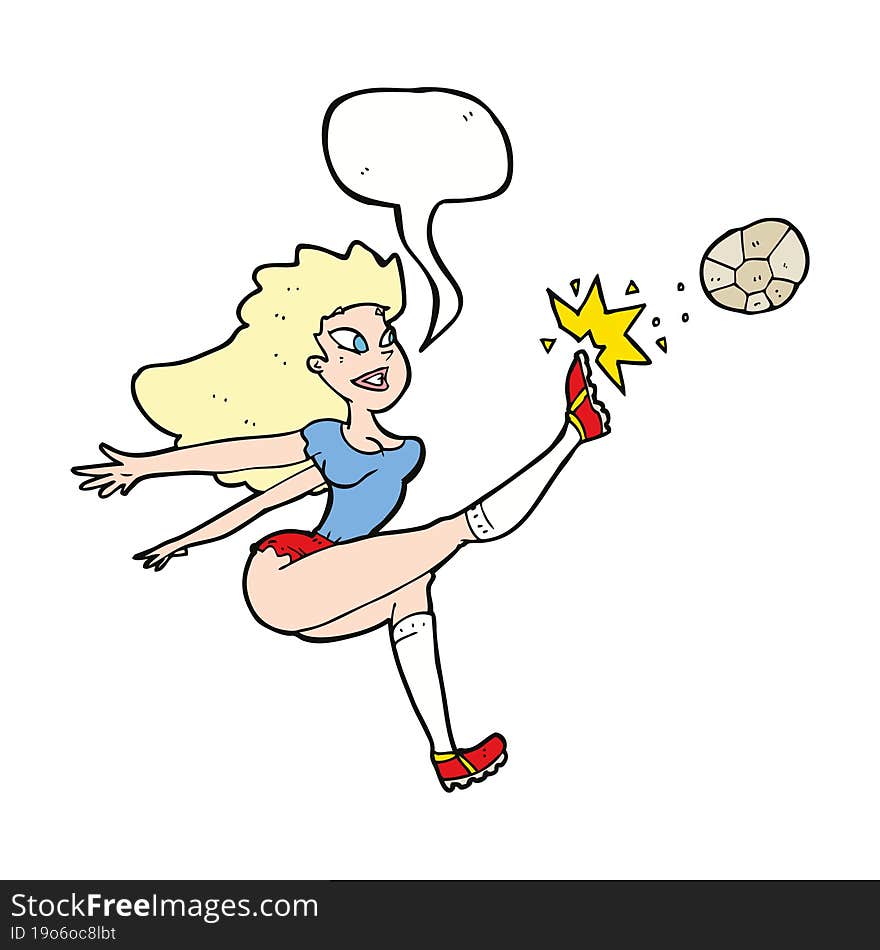 Cartoon Female Soccer Player Kicking Ball With Speech Bubble