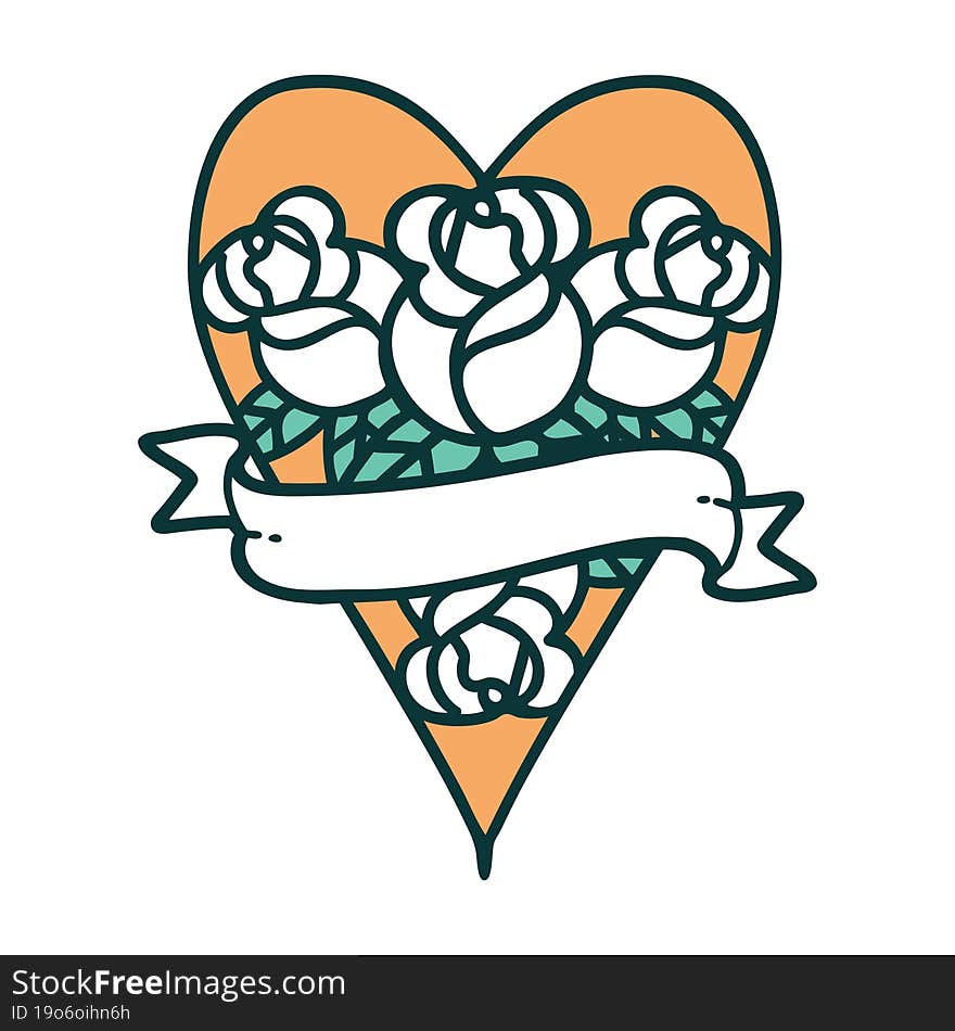 iconic tattoo style image of a heart and banner with flowers. iconic tattoo style image of a heart and banner with flowers