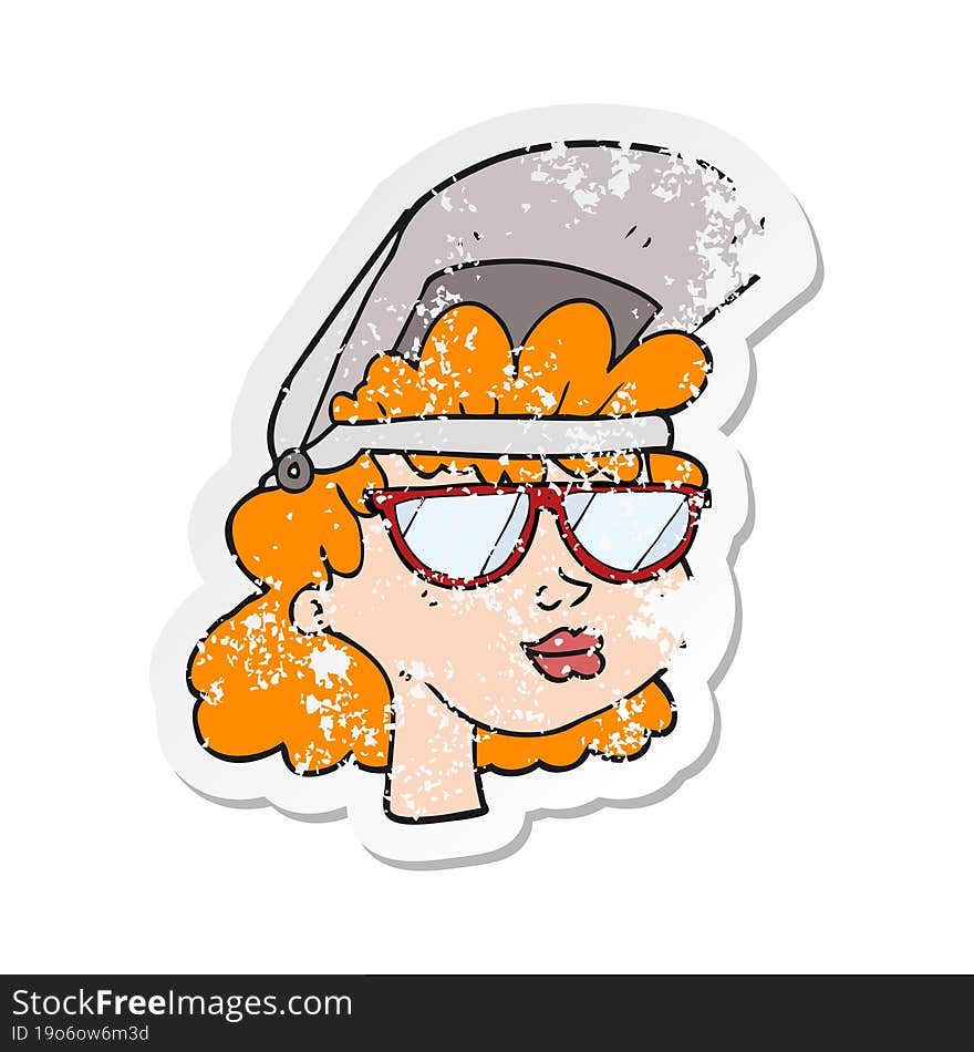 retro distressed sticker of a cartoon woman with welding mask and glasses