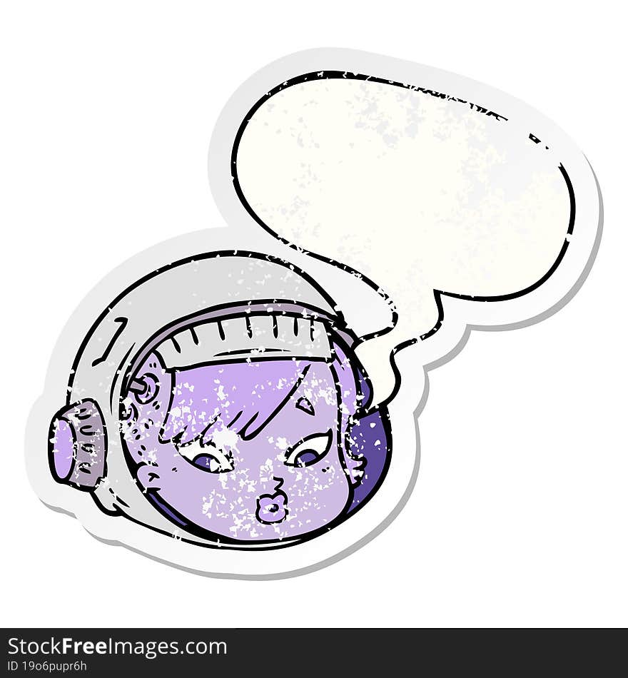 cartoon astronaut face and speech bubble distressed sticker