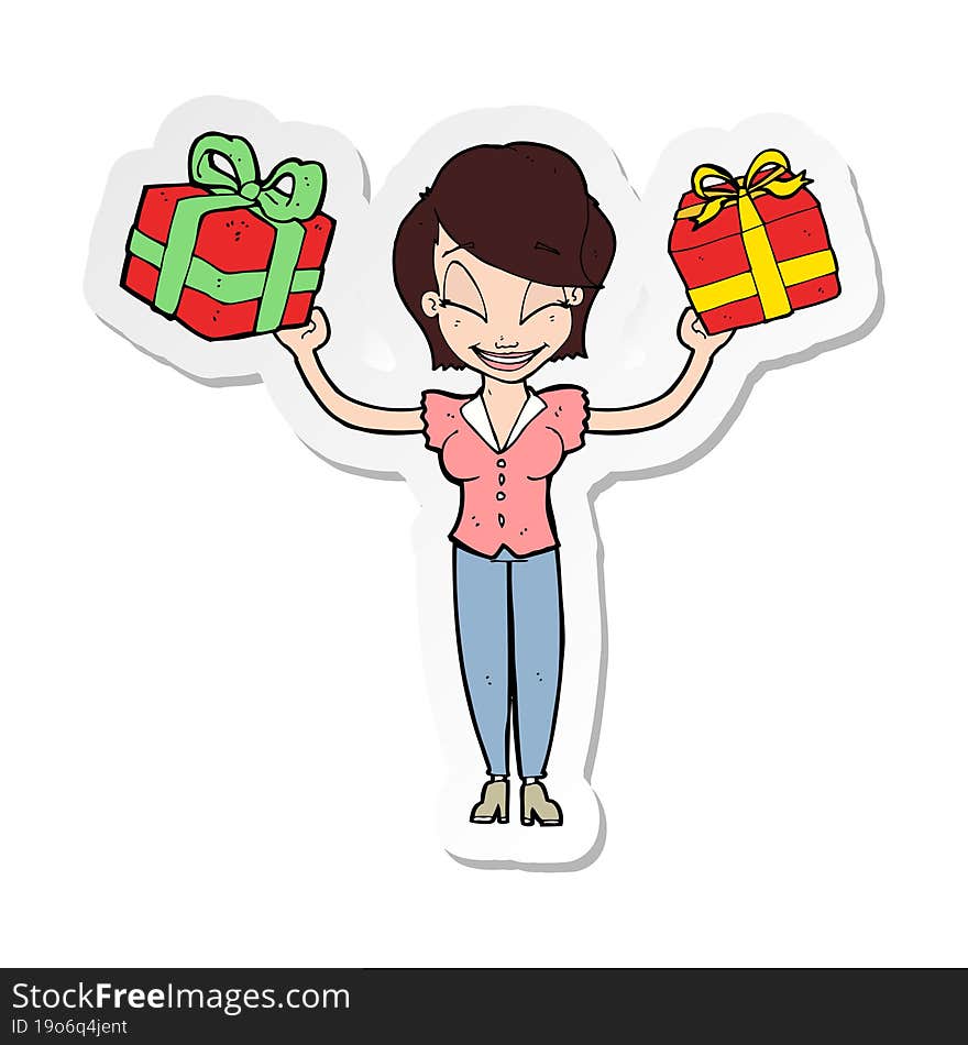 sticker of a cartoon woman carrying gifts